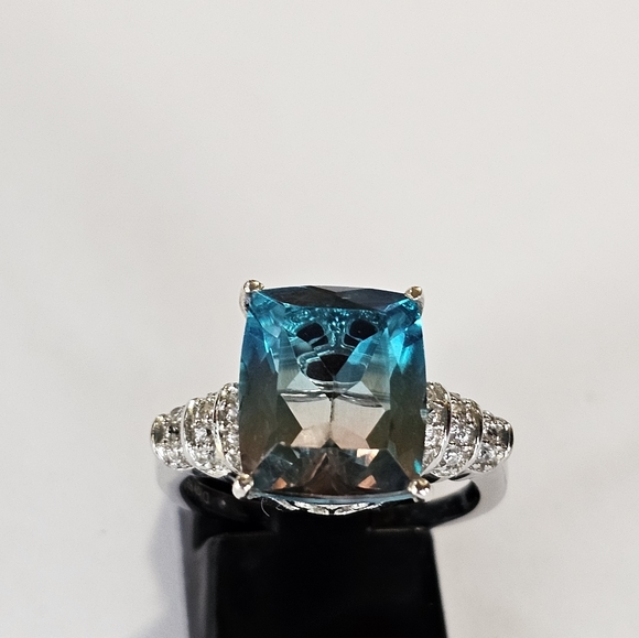 Aqua Colorful Terra Costa Quartz Triplet & White Zircon Ring in 925! Size 7 New - Picture 6 of 14